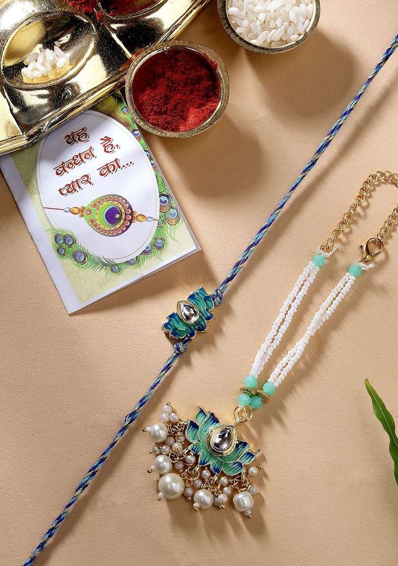 Set Of 2 Turquoise Kundan Studded And Beaded Bhaiya Bhabhi Rakhi With Roli Chawal - Indya