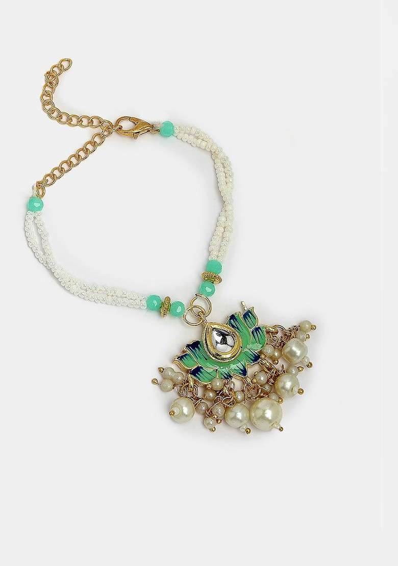 Set Of 2 Turquoise Kundan Studded And Beaded Bhaiya Bhabhi Rakhi With Roli Chawal - Indya