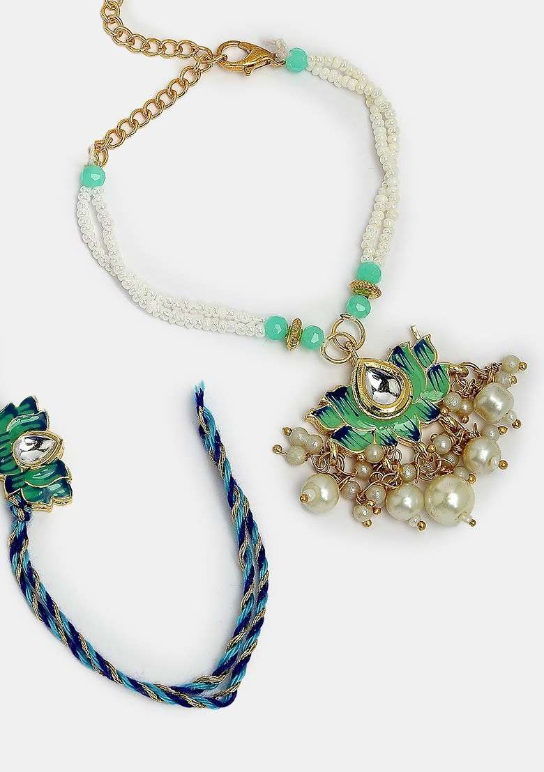 Set Of 2 Turquoise Kundan Studded And Beaded Bhaiya Bhabhi Rakhi With Roli Chawal - Indya