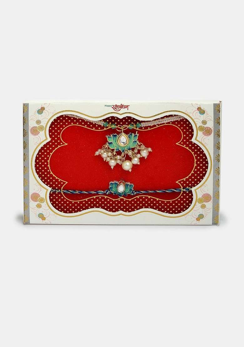 Set Of 2 Turquoise Kundan Studded And Beaded Bhaiya Bhabhi Rakhi With Roli Chawal - Indya