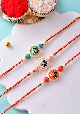 Set Of 3 With Meenakari Peacock Motifs And Beaded Thread Rakhi