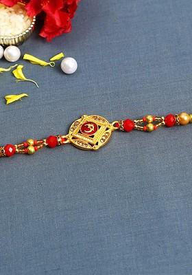 Red And Gold Toned Beaded Om Rakhi