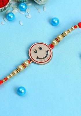 Kids Red Cute Smily Rakhi With White Pearls