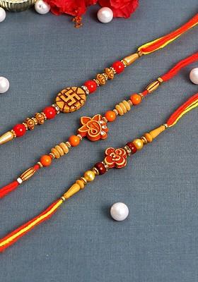 Men Set Of 3 Red And Yellow Motifs Beaded Rakhis