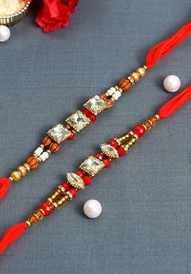 Set Of 2 Multicolored Studded Thread Rakhi