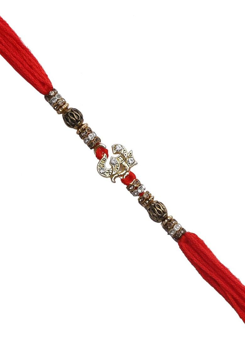 Gold Toned And Red Om Studded Thread Rakhi - Indya