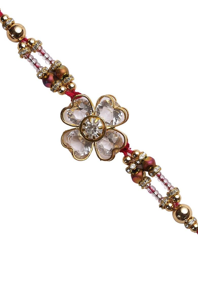 Gold Toned And Red Kundan Beaded Circular Thread Rakhi - Indya