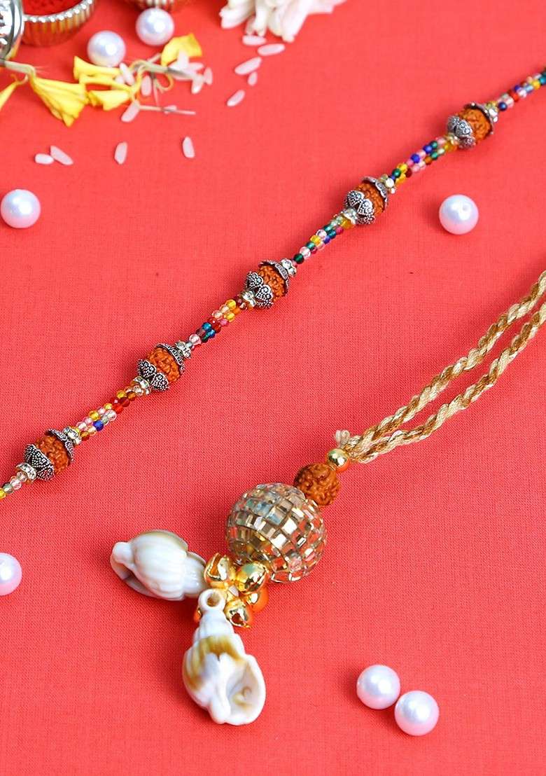 Set Of 2 Brown Rudraksh Beaded Bhaiya Bhabhi Rakhi Set - Indya