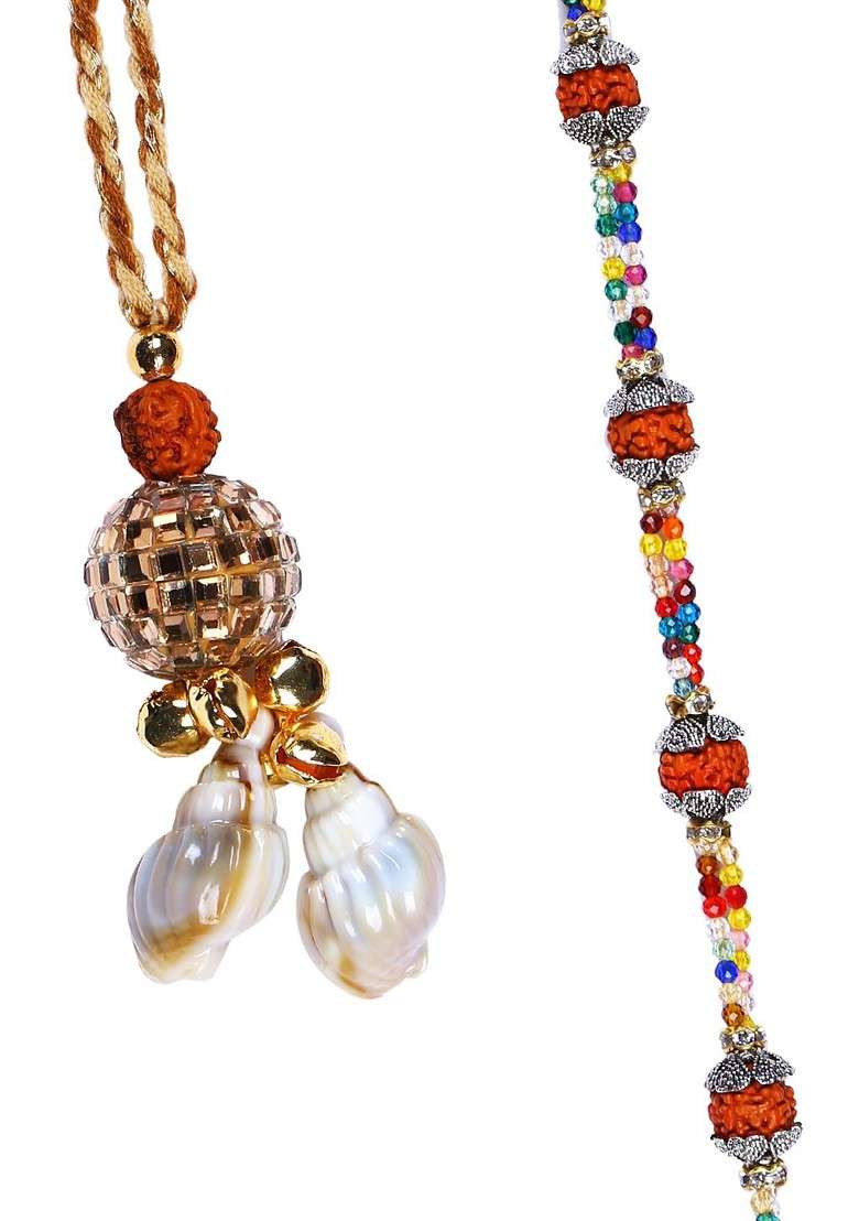 Set Of 2 Brown Rudraksh Beaded Bhaiya Bhabhi Rakhi Set - Indya