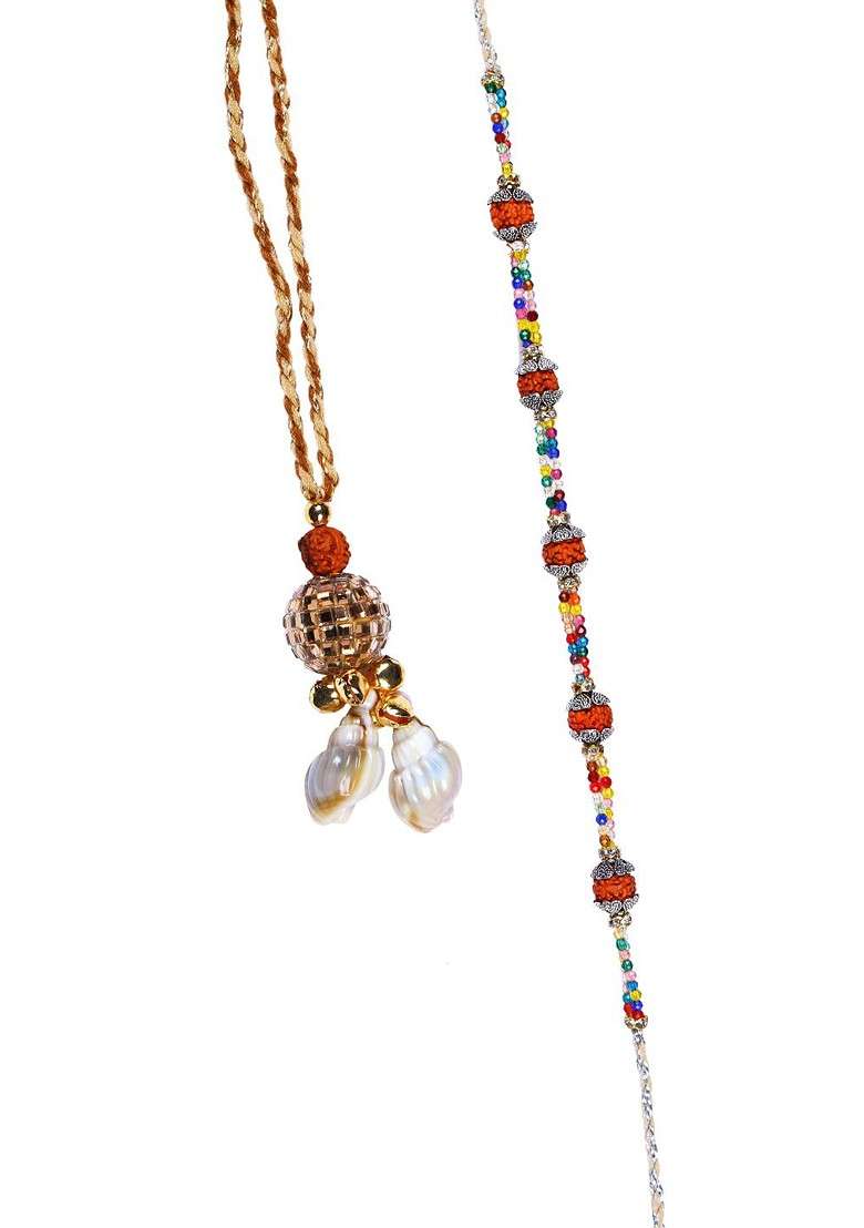 Set Of 2 Brown Rudraksh Beaded Bhaiya Bhabhi Rakhi Set - Indya