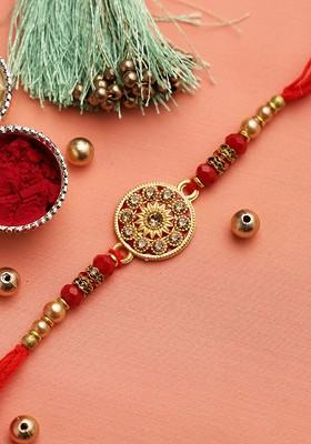 Red And Gold Toned Beaded Rakhi