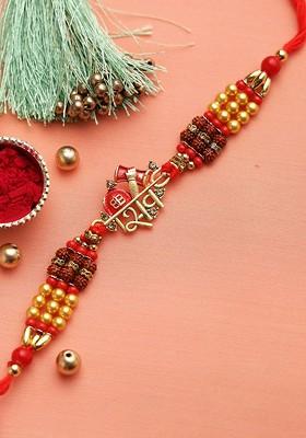 Red And Gold Toned Lord Shiva Stone Studded Rakhi