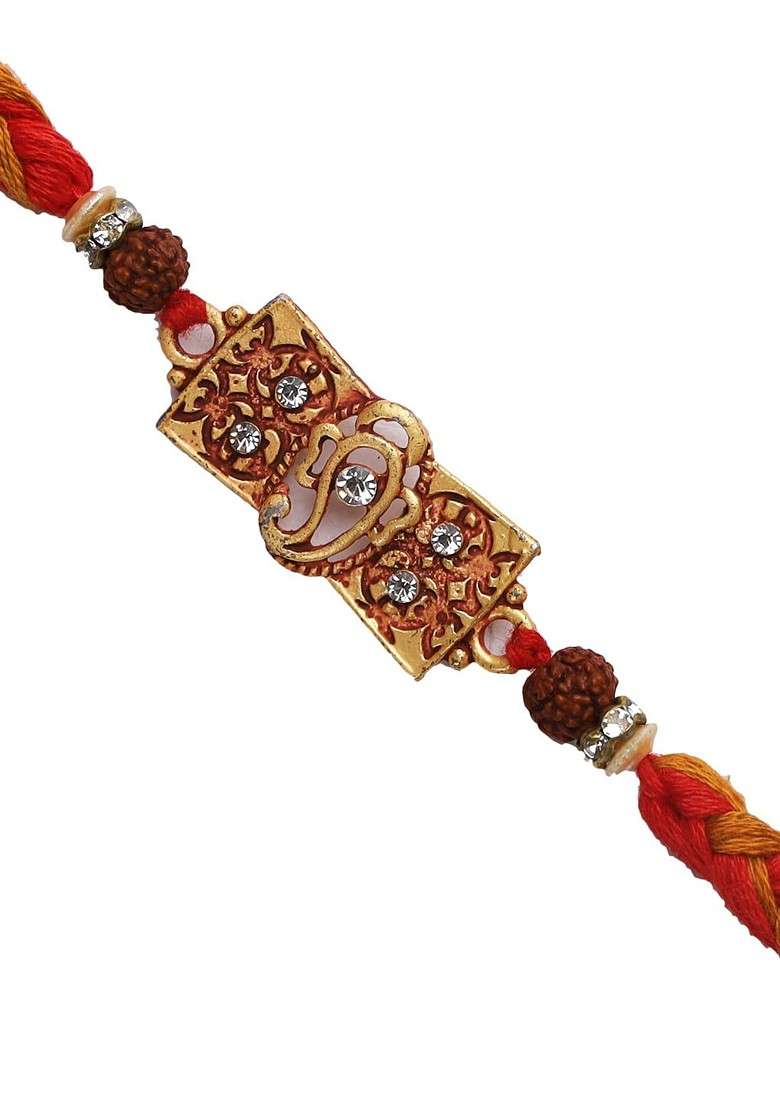 Red And Gold Toned Jewelled Ganapati And Rudraksh Rakhi Set - Indya