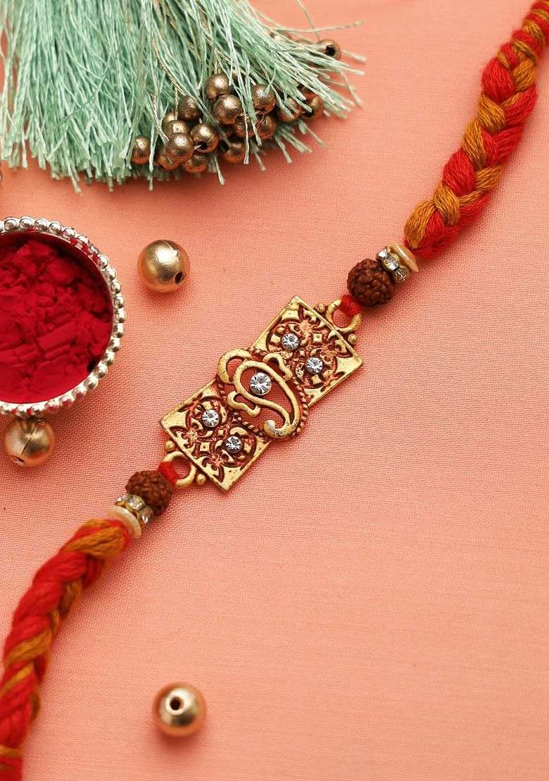 Red And Gold Toned Jewelled Ganapati And Rudraksh Rakhi Set - Indya