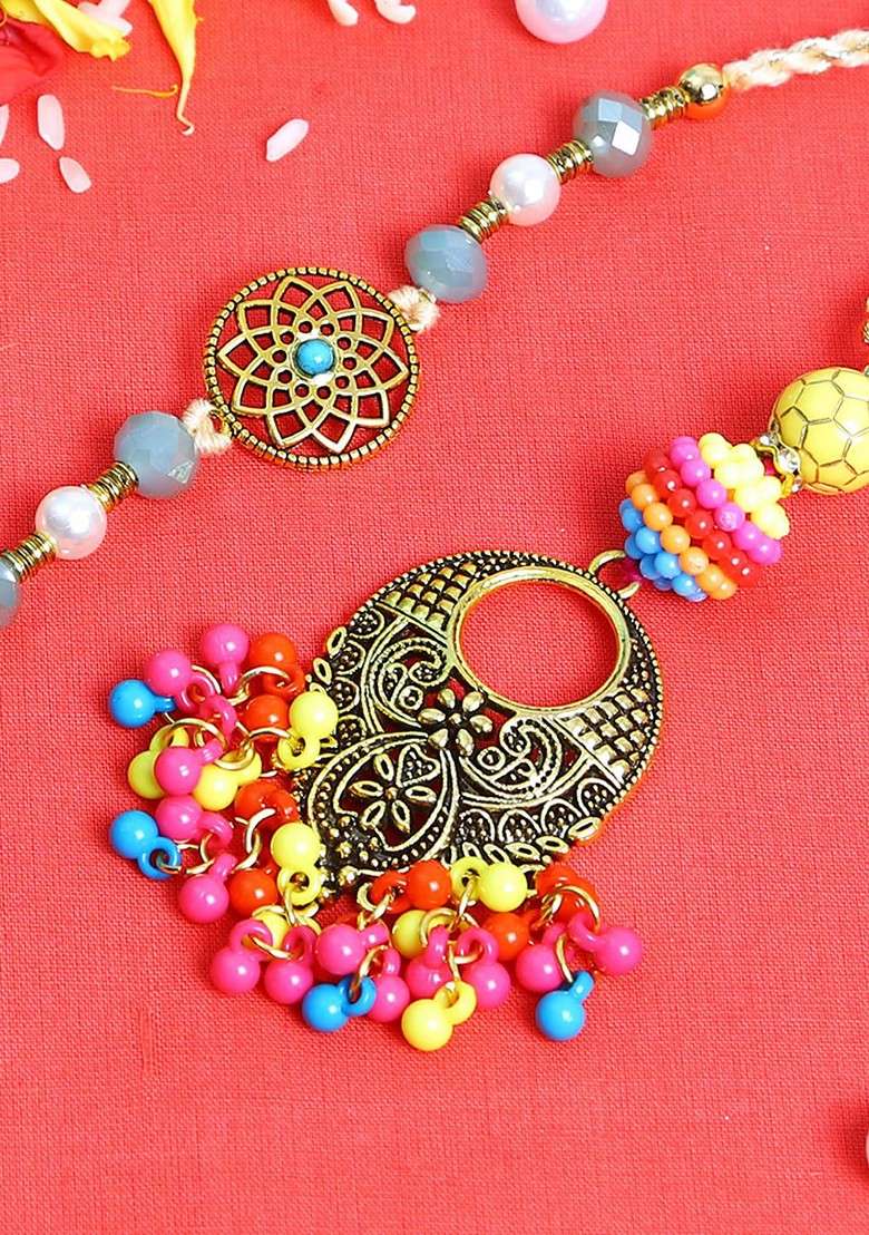 2 Pieces Multicolored Beaded Bhaiya Bhabhi Traditional Rakhi Set - Indya