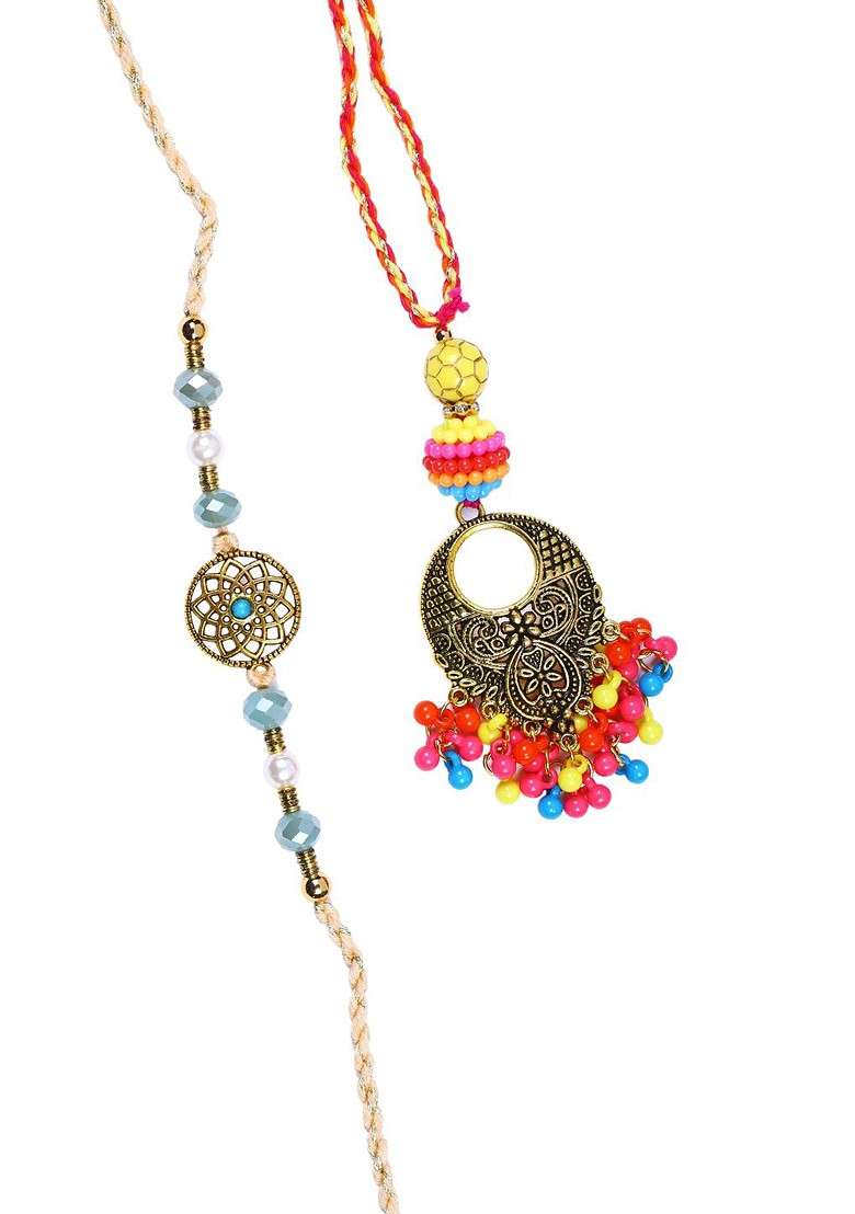 2 Pieces Multicolored Beaded Bhaiya Bhabhi Traditional Rakhi Set - Indya