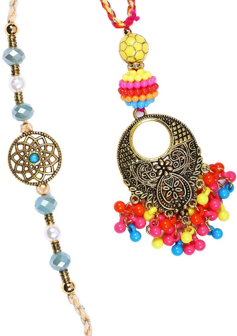 2 Pieces Multicolored Beaded Bhaiya Bhabhi Traditional Rakhi Set - Indya