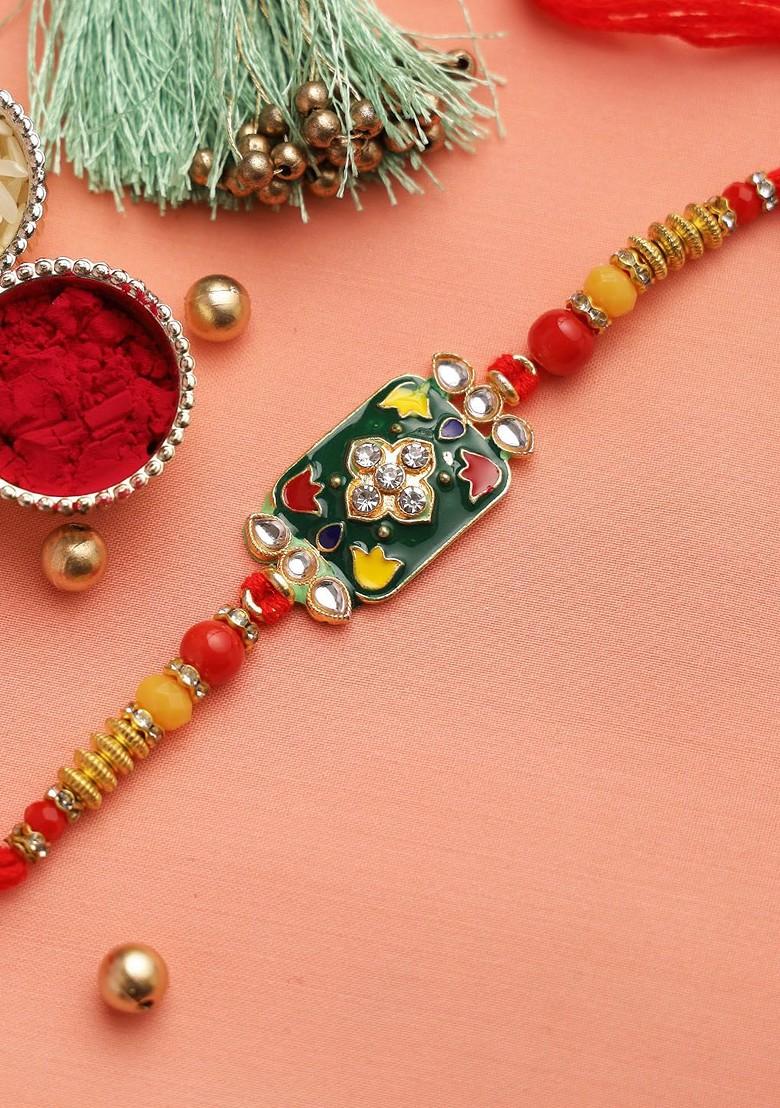 Yellow And Green Traditional Kundan And Meenawork Jewelled Rakhi