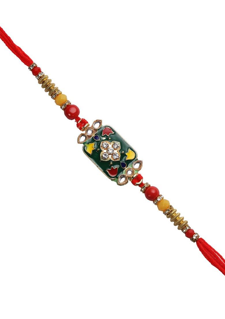 Yellow And Green Traditional Kundan And Meenawork Jewelled Rakhi