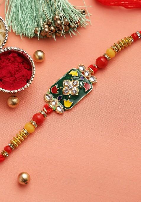 Yellow And Green Traditional Kundan And Meenawork Jewelled Rakhi
