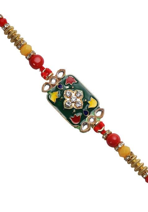 Yellow And Green Traditional Kundan And Meenawork Jewelled Rakhi