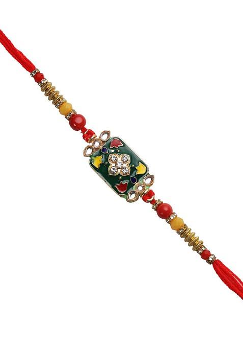 Yellow And Green Traditional Kundan And Meenawork Jewelled Rakhi