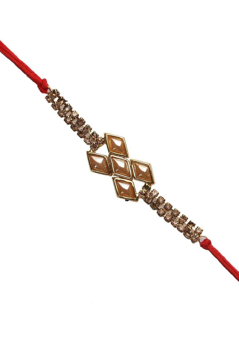 Adults Gold Toned And Red Handcrafted Uncut Diamonds Bracelet Style Rakhi - Indya