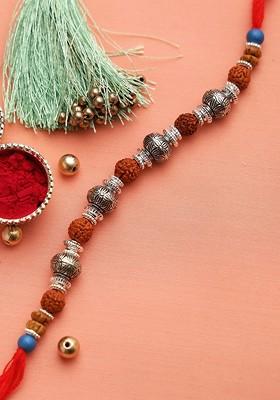 Adults Unisex Silver Toned And Brown Rudraksh Beads Rakhi