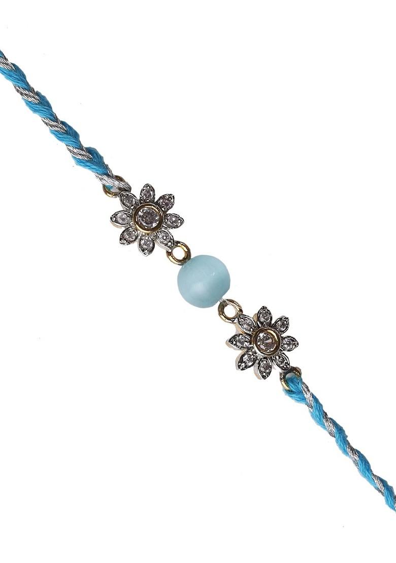 Turquoise Blue Floral Ad Studded Rakhi With Roli Chawal And Card