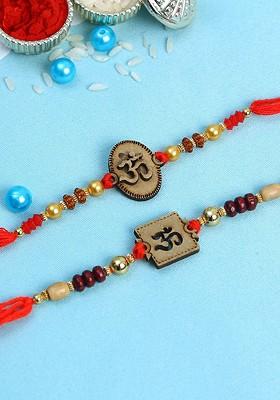 Set Of 2 Brown And Red Wooden Om Rakhi With Roli Chawal And Card