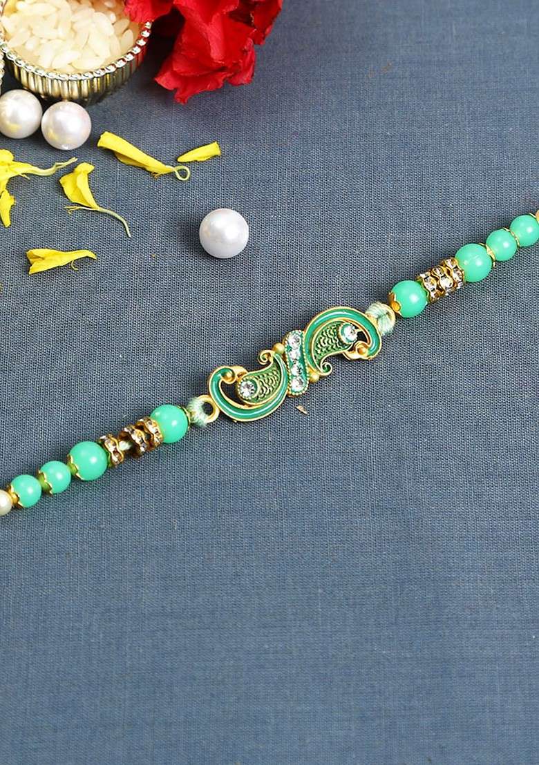 Sea Green Beaded Peacock Thread Rakhi - Indya