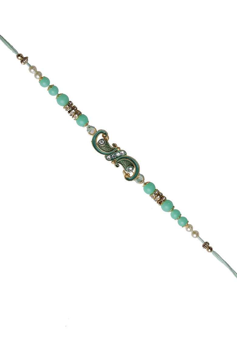 Sea Green Beaded Peacock Thread Rakhi - Indya