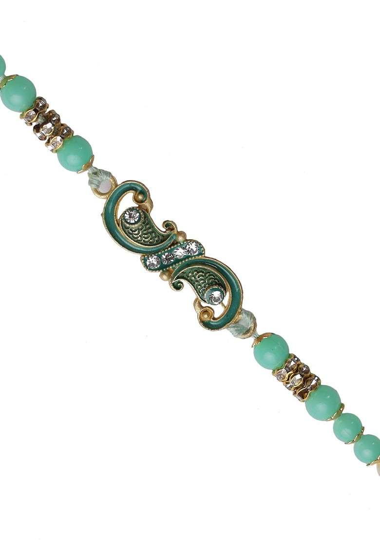 Sea Green Beaded Peacock Thread Rakhi - Indya