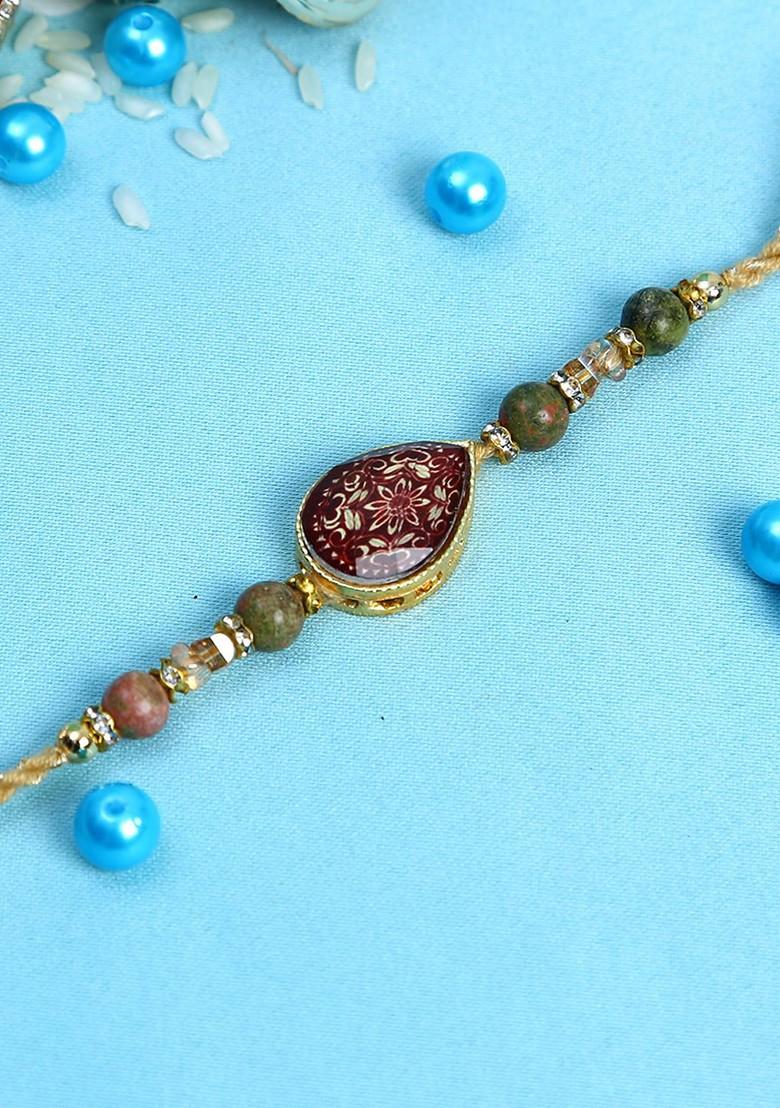 Maroon Stone Studded And Beads Lucky Charm Thread Rakhi