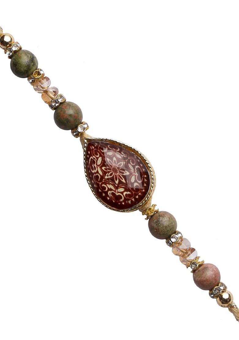 Maroon Stone Studded And Beads Lucky Charm Thread Rakhi