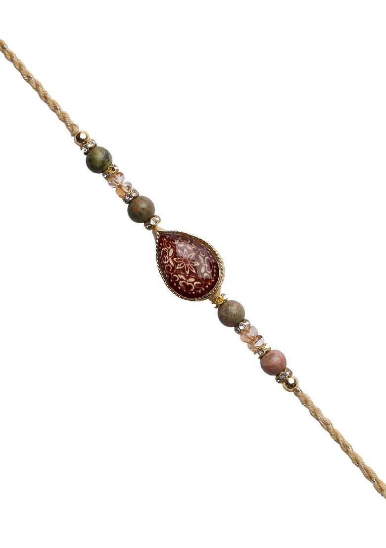 Maroon Stone Studded And Beads Lucky Charm Thread Rakhi
