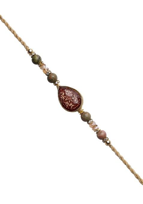 Maroon Stone Studded And Beads Lucky Charm Thread Rakhi