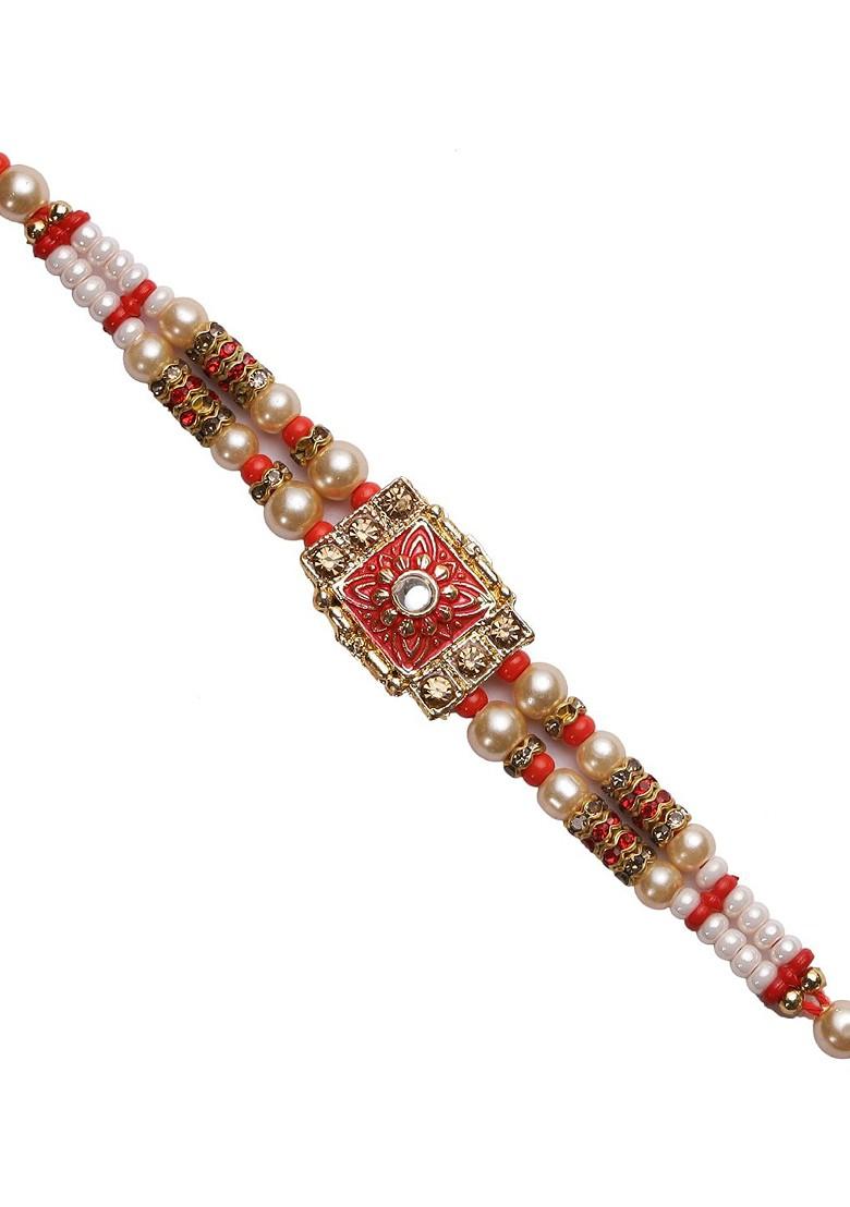 Red And White Kundan Studded Meenakari Work Rakhi
