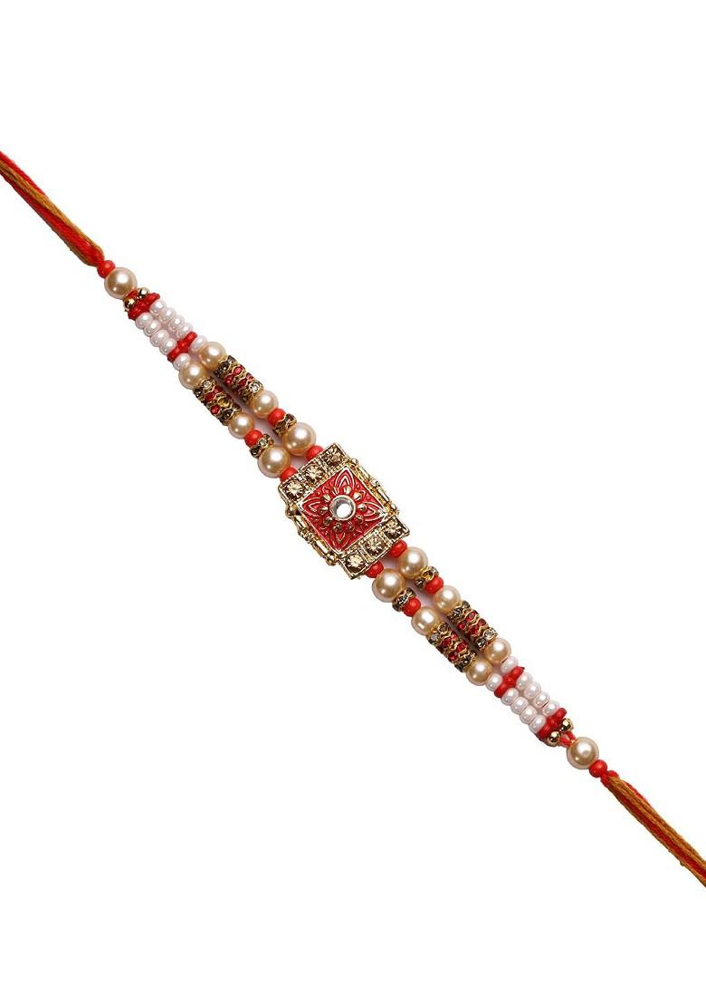 Red And White Kundan Studded Meenakari Work Rakhi