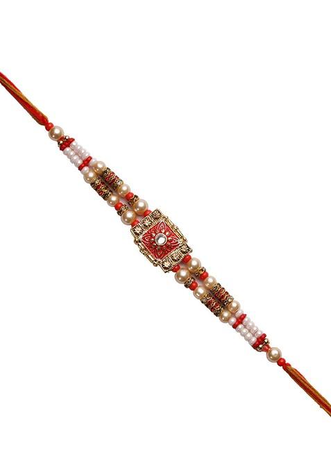 Red And White Kundan Studded Meenakari Work Rakhi