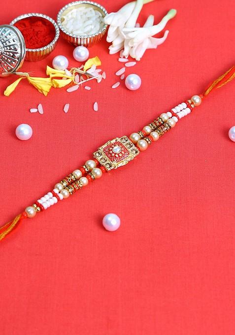 Red And White Kundan Studded Meenakari Work Rakhi