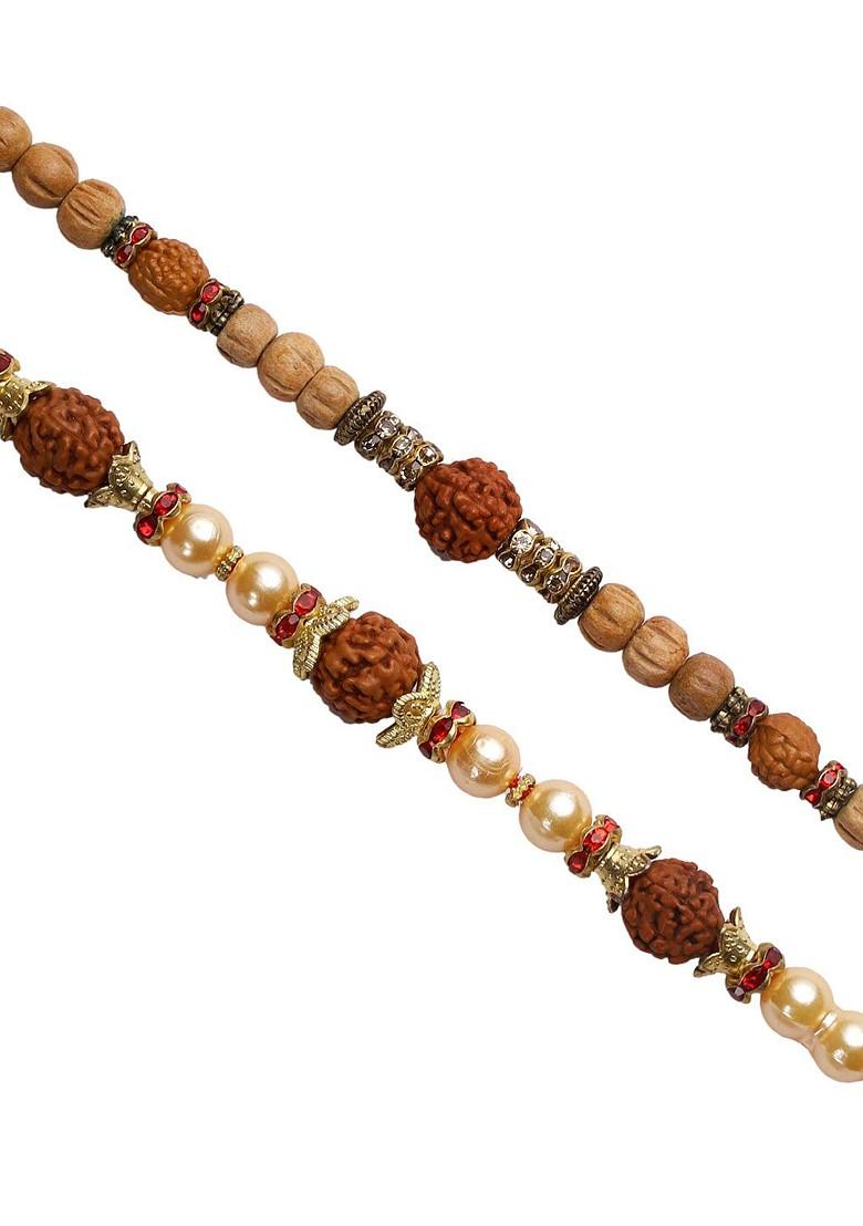 Unisex Adults Set Of 2 Wooden And Rudaraksh Beaded Rakhi