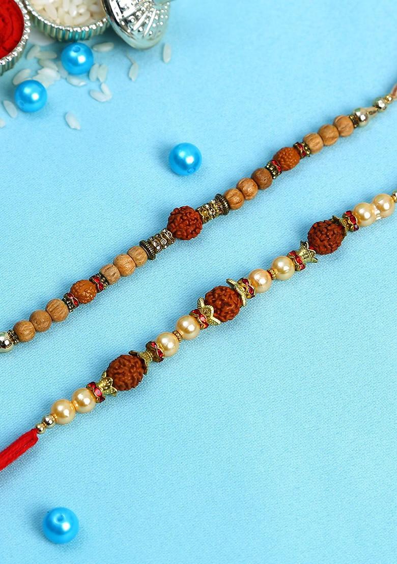 Unisex Adults Set Of 2 Wooden And Rudaraksh Beaded Rakhi