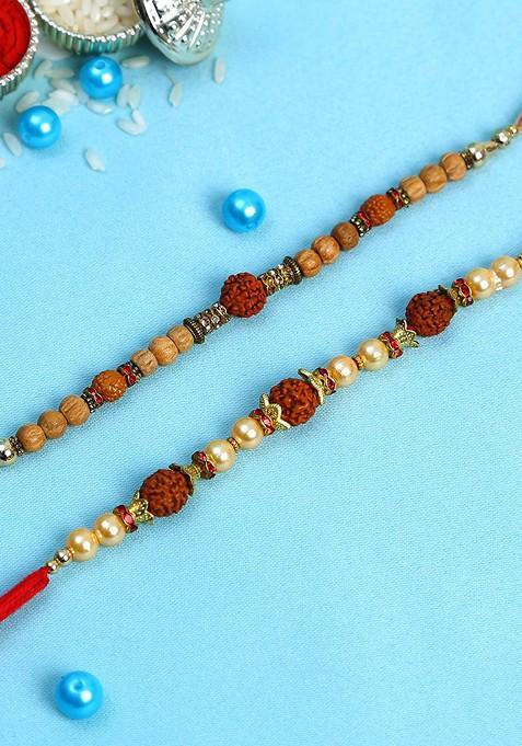 Unisex Adults Set Of 2 Wooden And Rudaraksh Beaded Rakhi