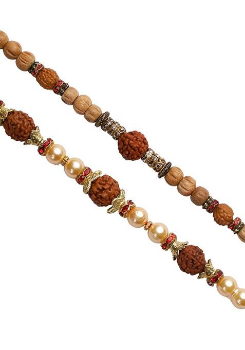 Unisex Adults Set Of 2 Wooden And Rudaraksh Beaded Rakhi