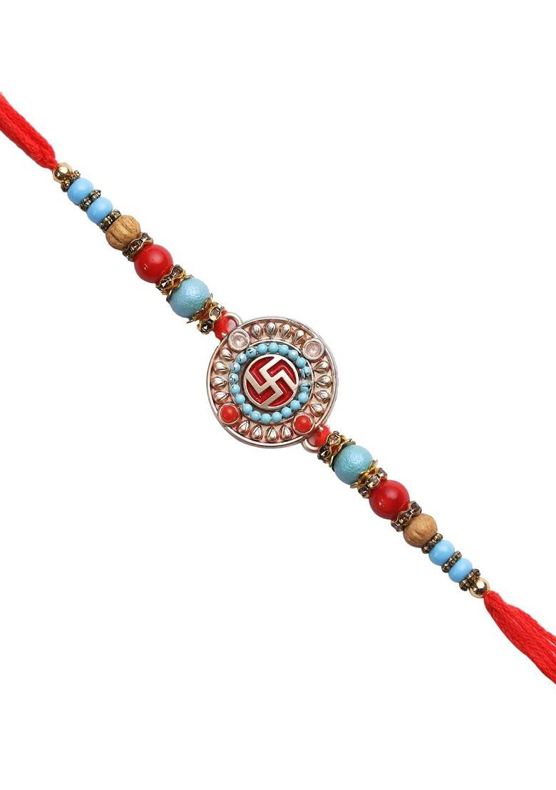Red And Turquoise Blue Beaded Swastik Rakhi With Roli Chawal And Card