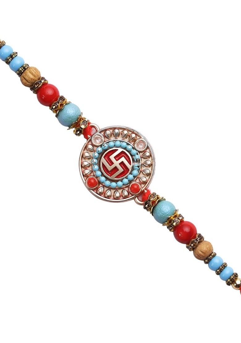 Red And Turquoise Blue Beaded Swastik Rakhi With Roli Chawal And Card