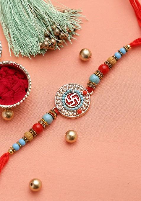 Red And Turquoise Blue Beaded Swastik Rakhi With Roli Chawal And Card