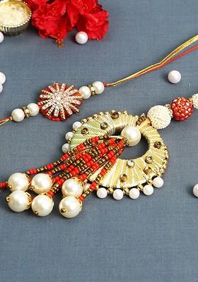 Red And White Bhaiya Bhabhi Rakhi Set With Pearl Danglers