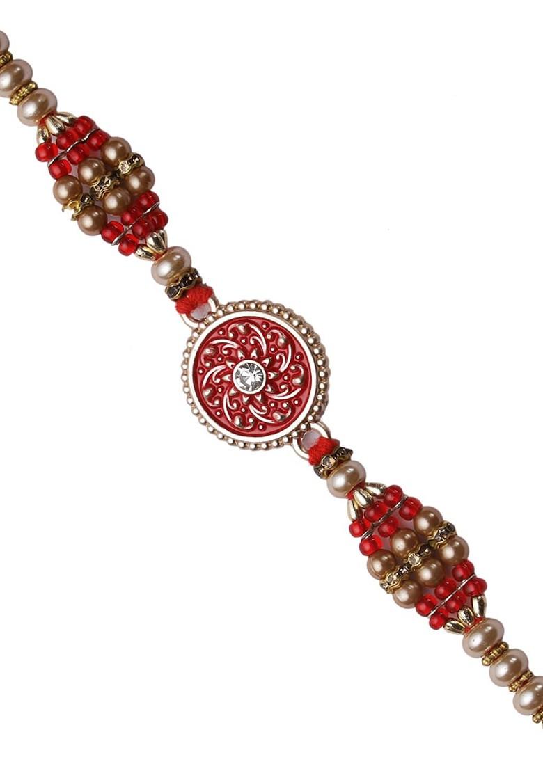 Traditional Meena Work Jewelled Rakhi With Golden Beads And Roli Chawal